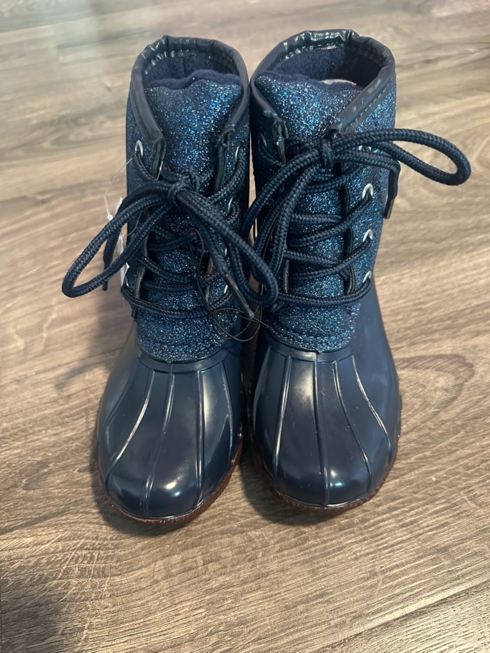 Kids Navy Glitter Lace-Up Rain Duck Boots 12 Toddler Girl